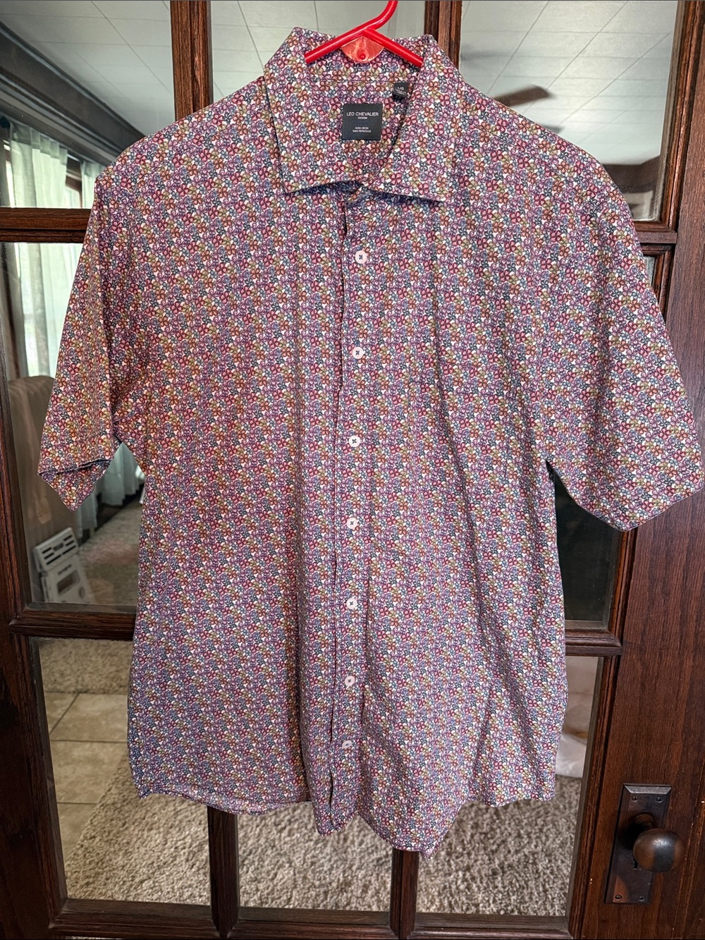 Leo Chevalier Mens‎ Floral Clover Print Short Sleeve Non-Iron Cotton Shirt L